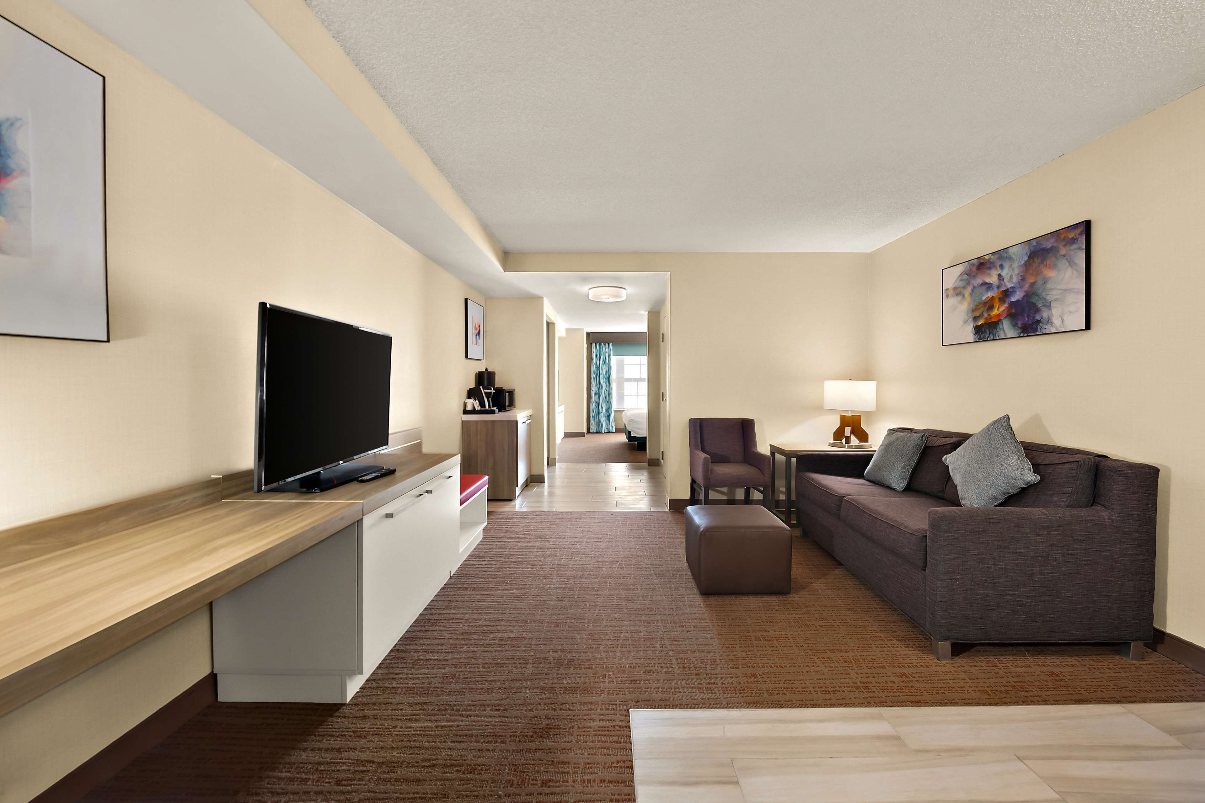 deluxe suite, 1 king bed with sofa bed, accessible | living area | 49-inch lcd tv with cable channels, tv