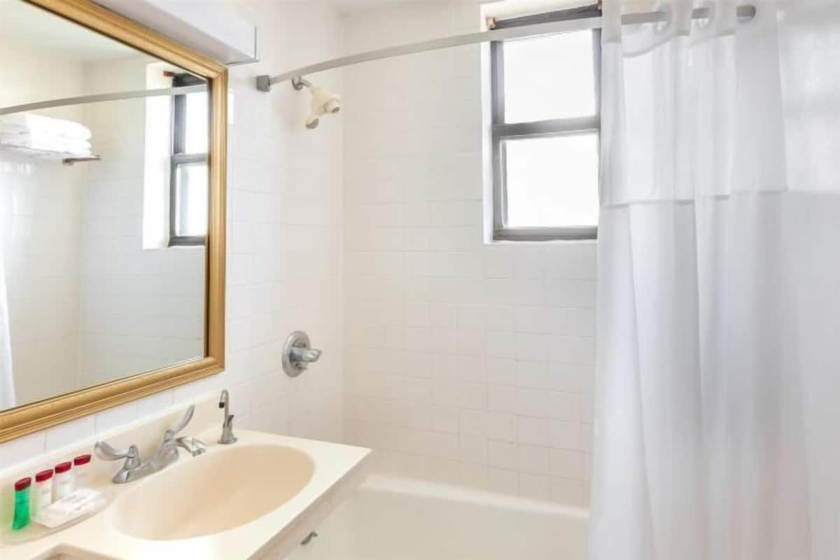 Bathroom | Combined shower/bathtub, free toiletries, hair dryer, towels
