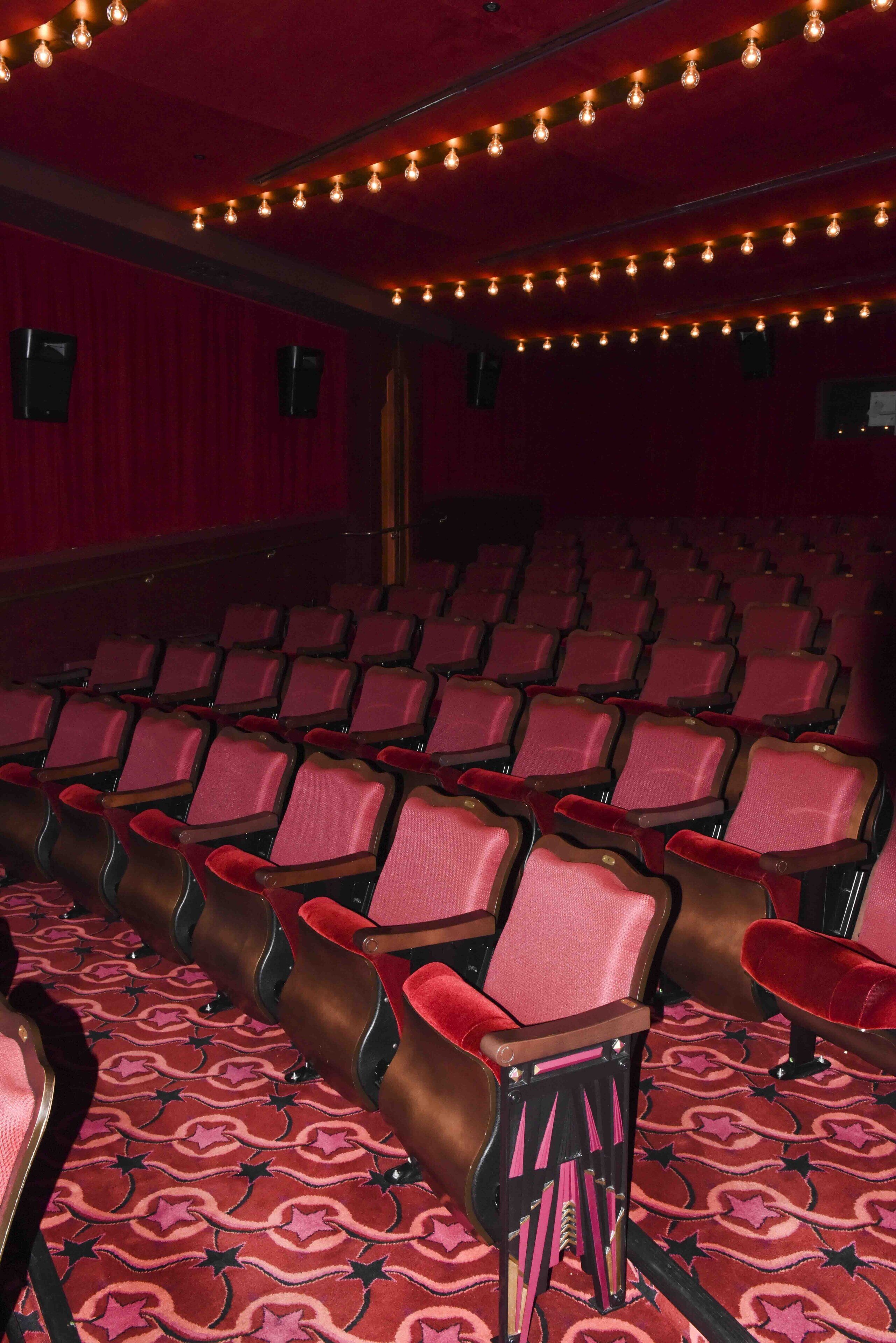 Ein Theater mit roten Sitzreihen und einem gemusterten Teppich.