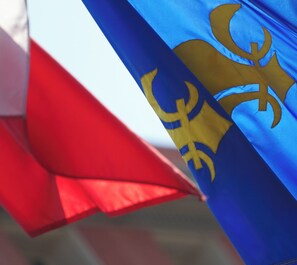 A flag with a blue background and a gold emblem.