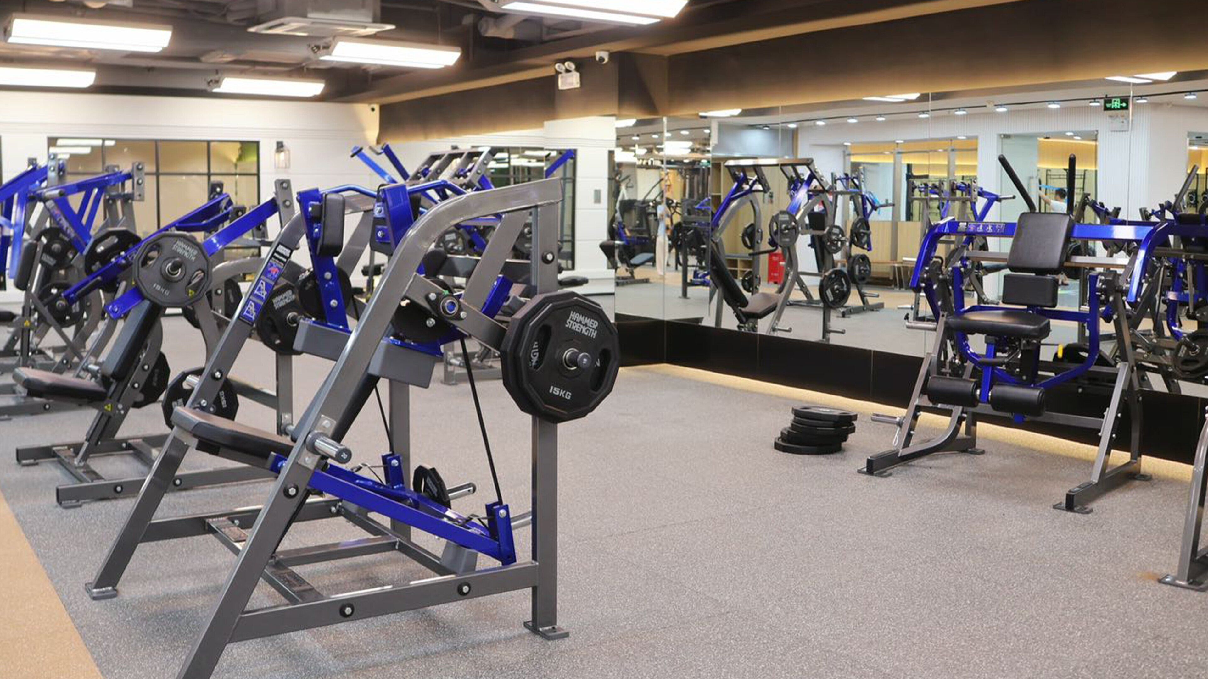 Un gimnasio con diverso equipo de ejercicio, que incluye máquinas de pesas y pesas libres.