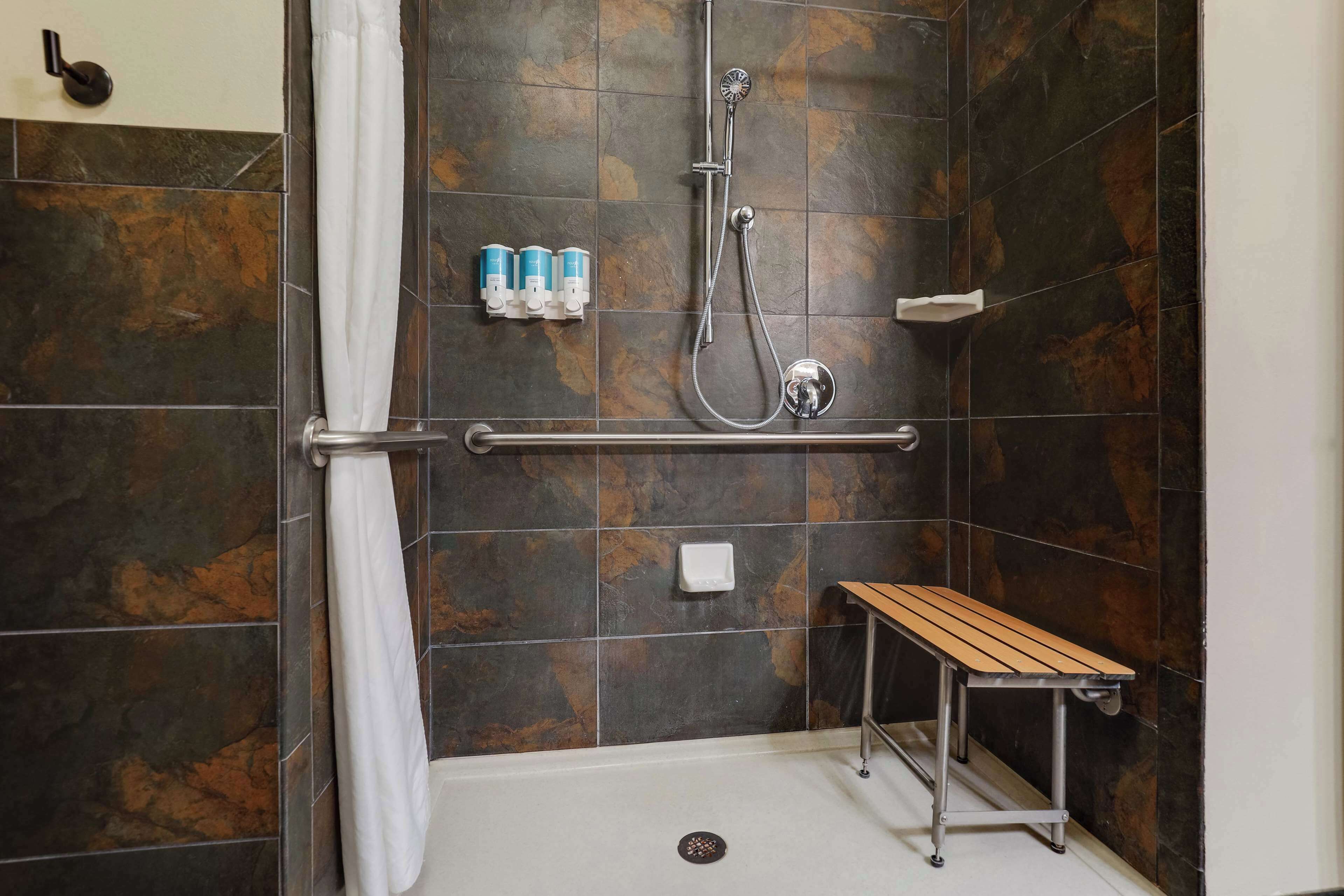 combined shower/bathtub, free toiletries, hair dryer, towels