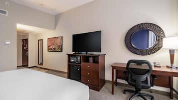 Desk, laptop workspace, blackout curtains, iron/ironing board
