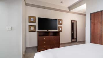 Desk, laptop workspace, blackout curtains, iron/ironing board