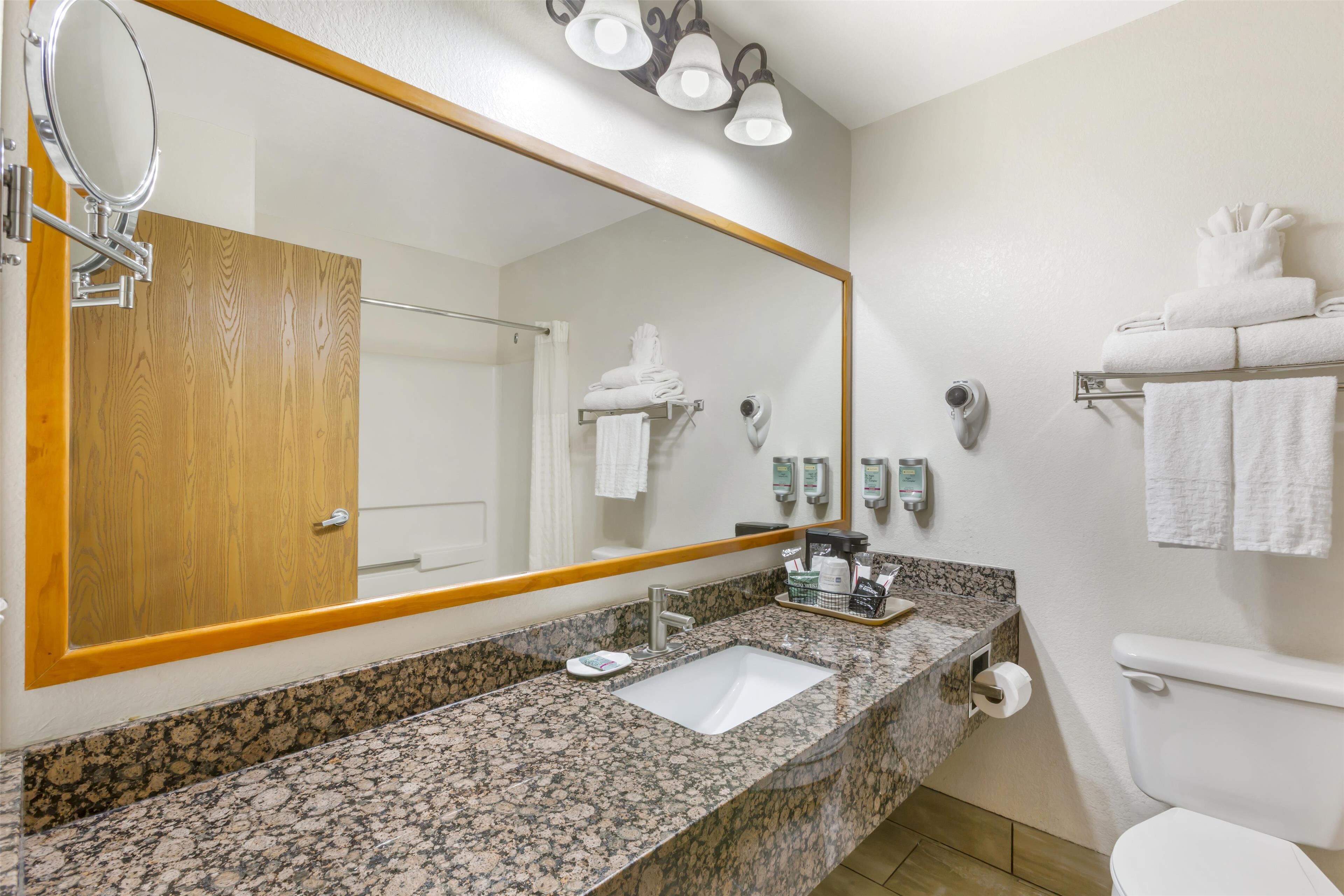 standard room, 1 king bed, refrigerator & microwave, pool view | bathroom | free toiletries, hair dryer, towels