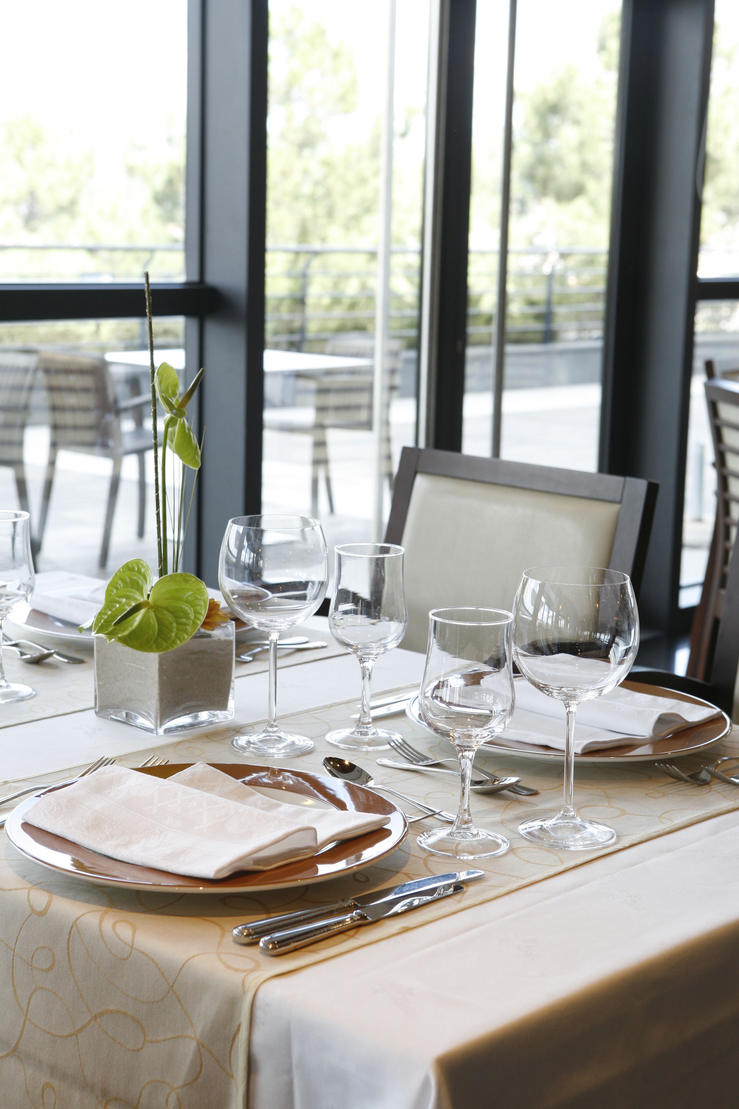 A table set for dining with a vase of green leaves, clear wine glasses, and plates.