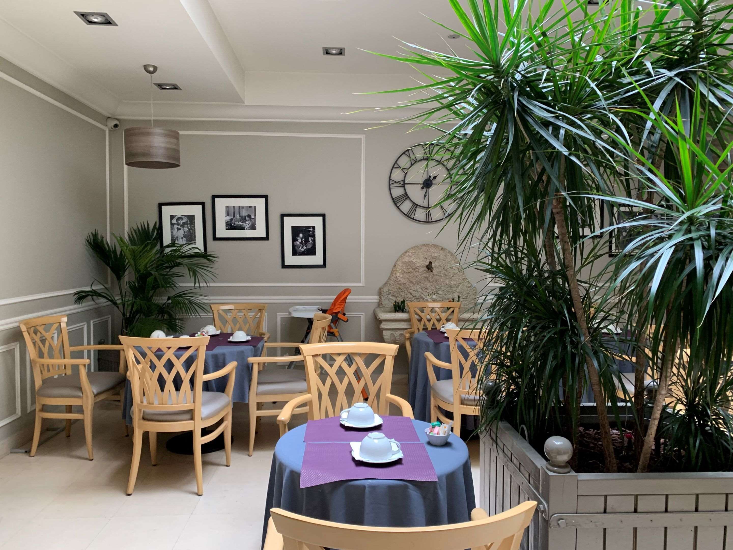 A dining area with wooden chairs and tables, framed pictures on the wall, and a large potted plant.