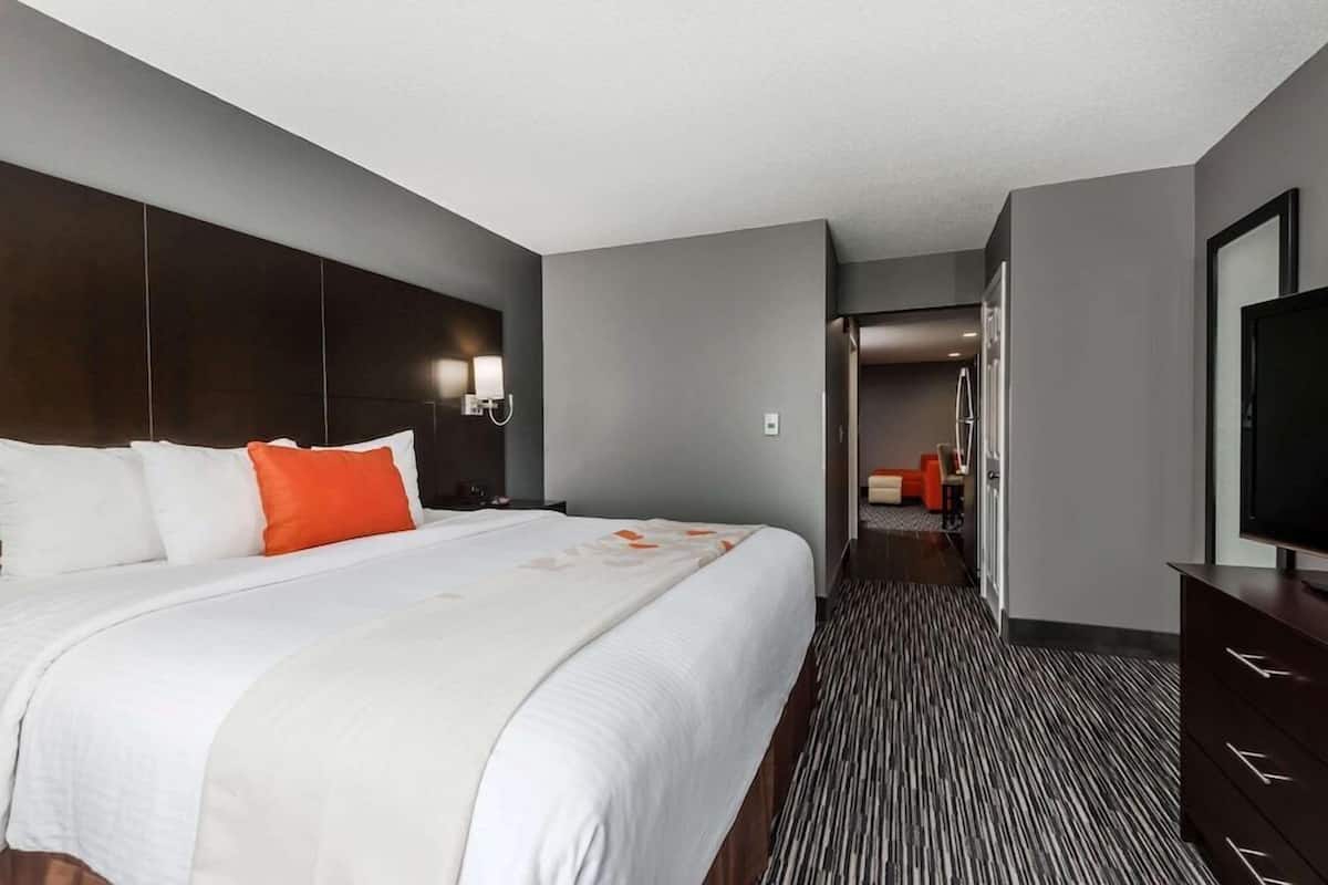 A hotel room with a large bed, a TV, a desk, and a walk-in closet.