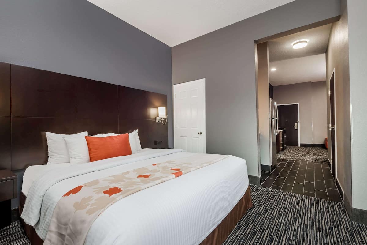 A hotel room with a large bed, a nightstand, a lamp, and a door leading to a bathroom.