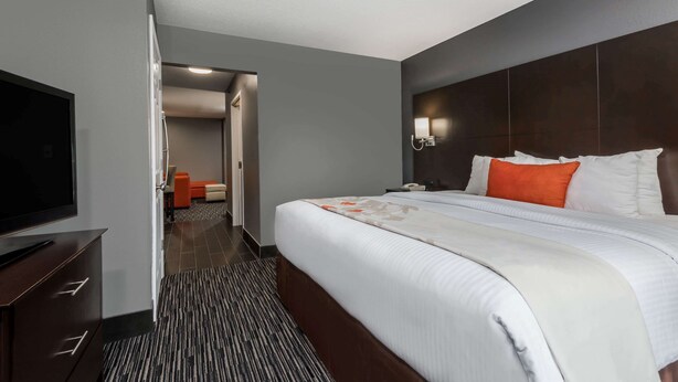 A hotel room with a large bed, a television, a desk, and a chair. - Hawthorn Extended Stay by Wyndham Columbus West (Columbus)