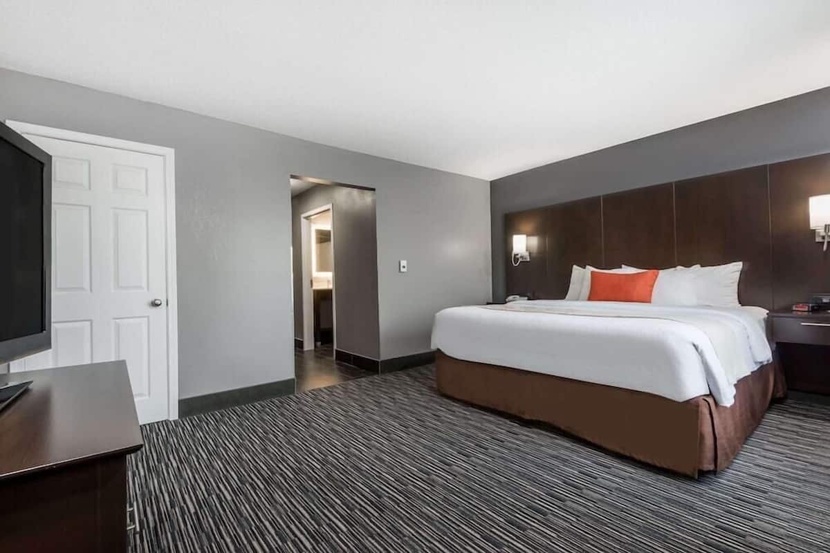 Une chambre d’hôtel avec un lit, un bureau, une porte et un couloir menant à une autre chambre.