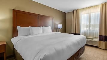 Premium bedding, pillowtop beds, desk, blackout drapes