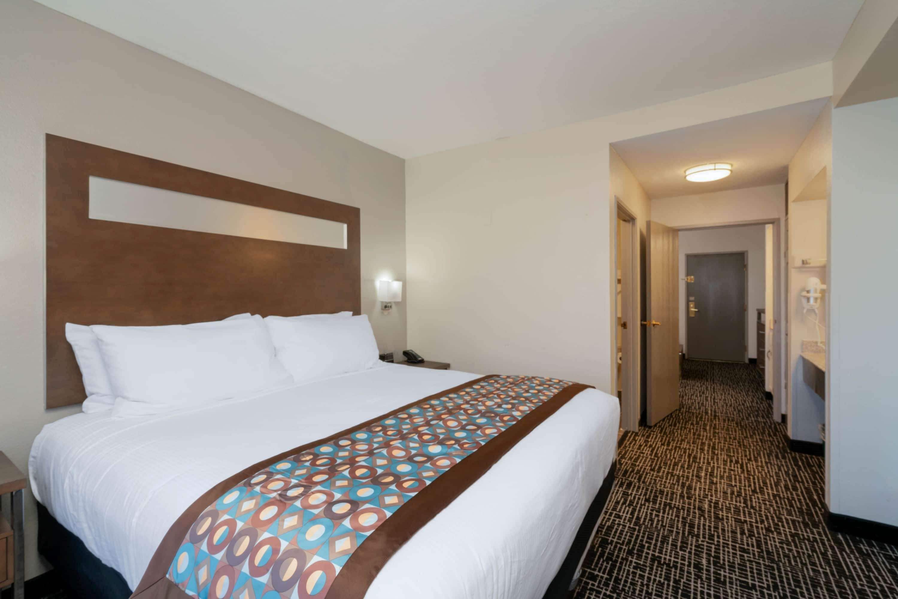 A hotel room with a large bed, a headboard, a bedside table, and a carpeted floor.