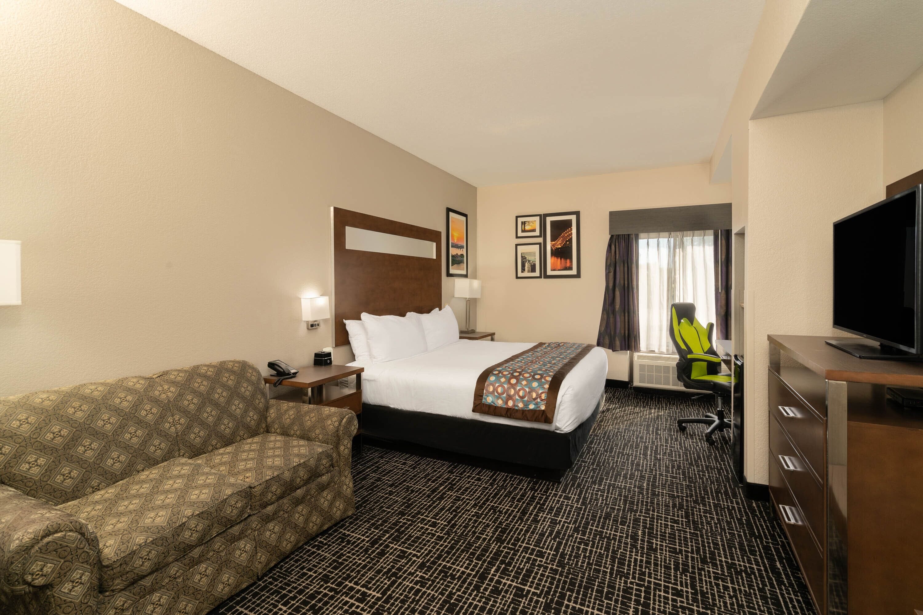 Premium bedding, pillowtop beds, desk, blackout drapes