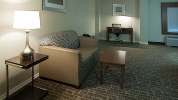 Hypo-allergenic bedding, pillow-top beds, desk, laptop workspace