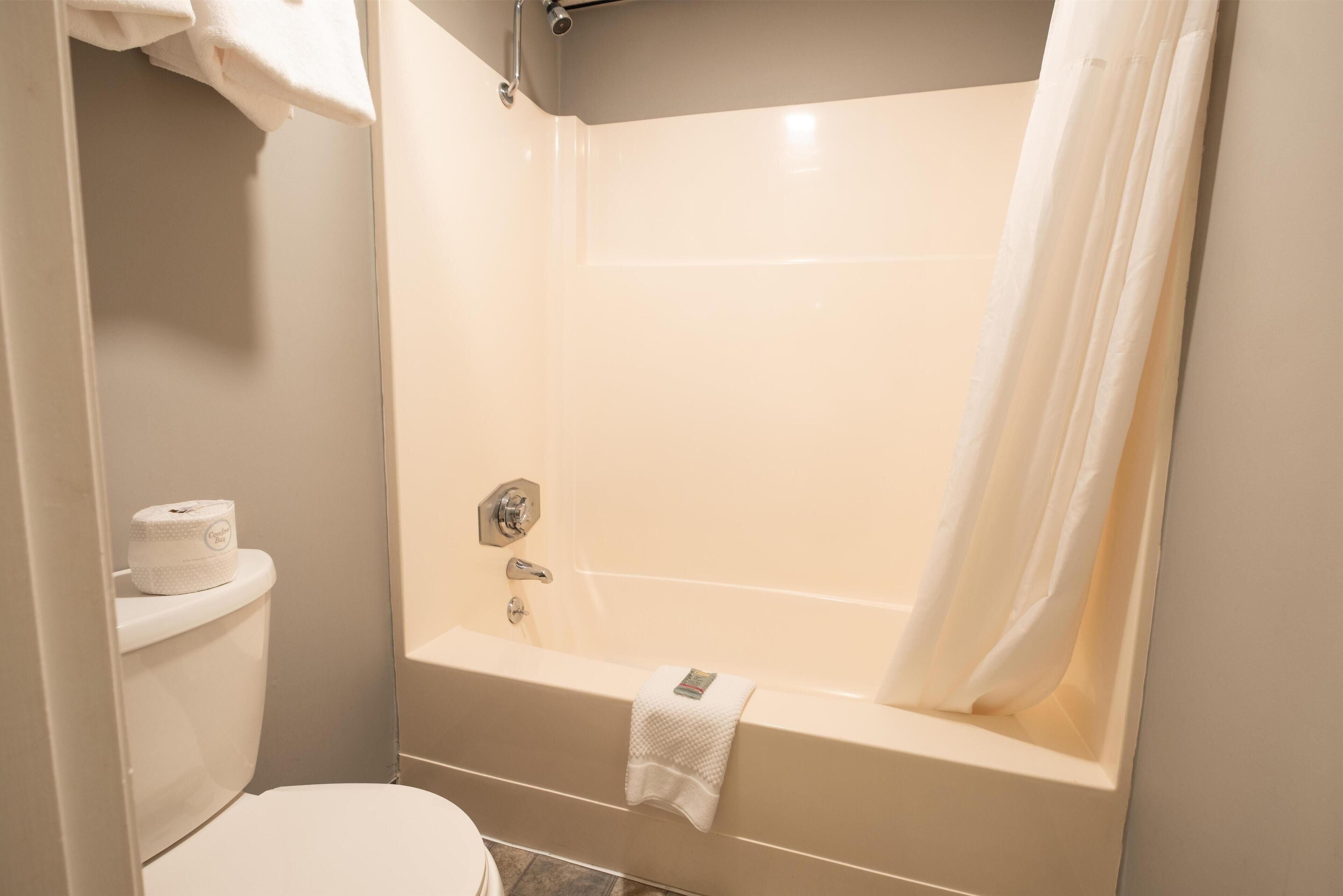A bathroom with a toilet, a bathtub, and a shower curtain.