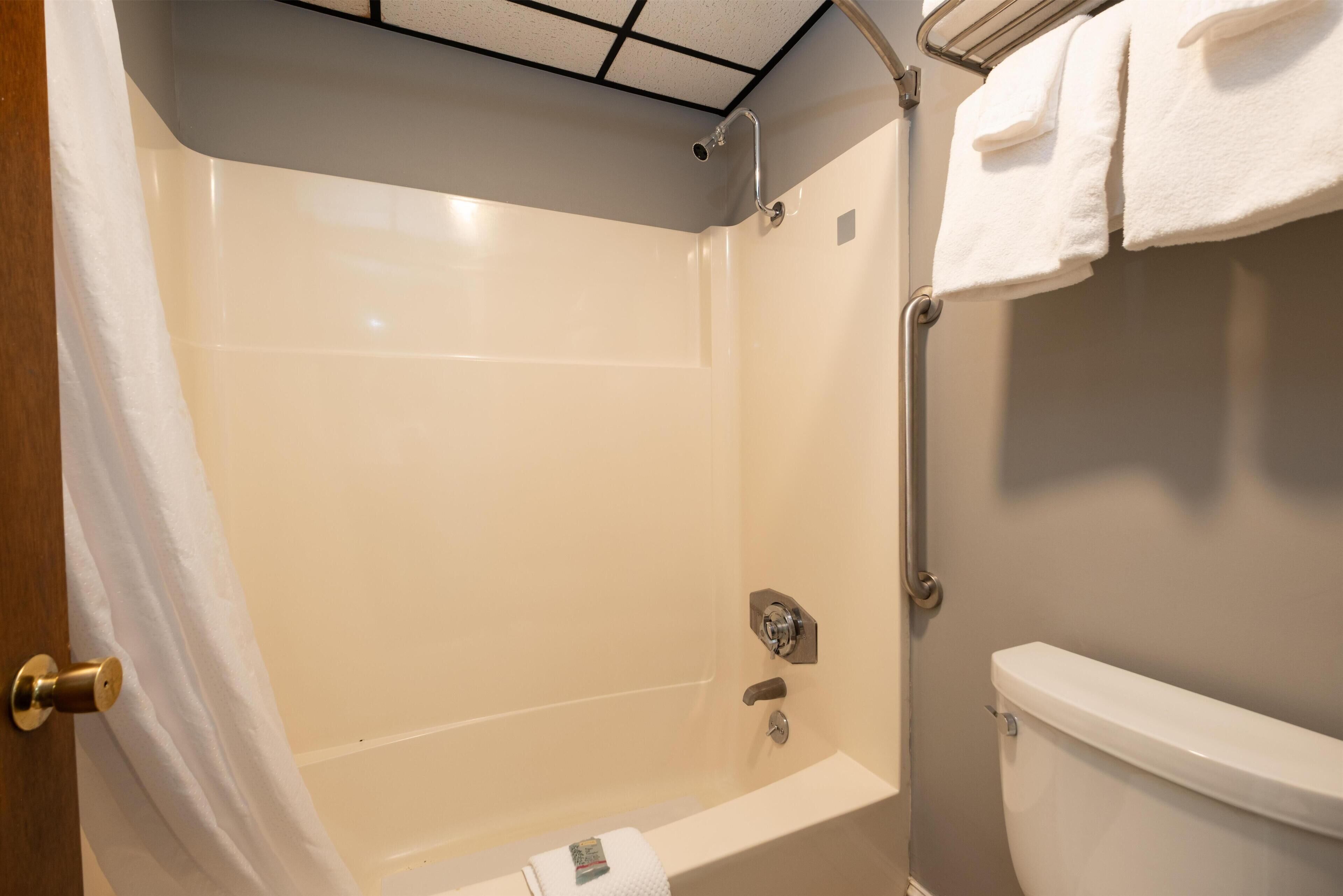 A bathroom with a bathtub, a toilet, and a shower.