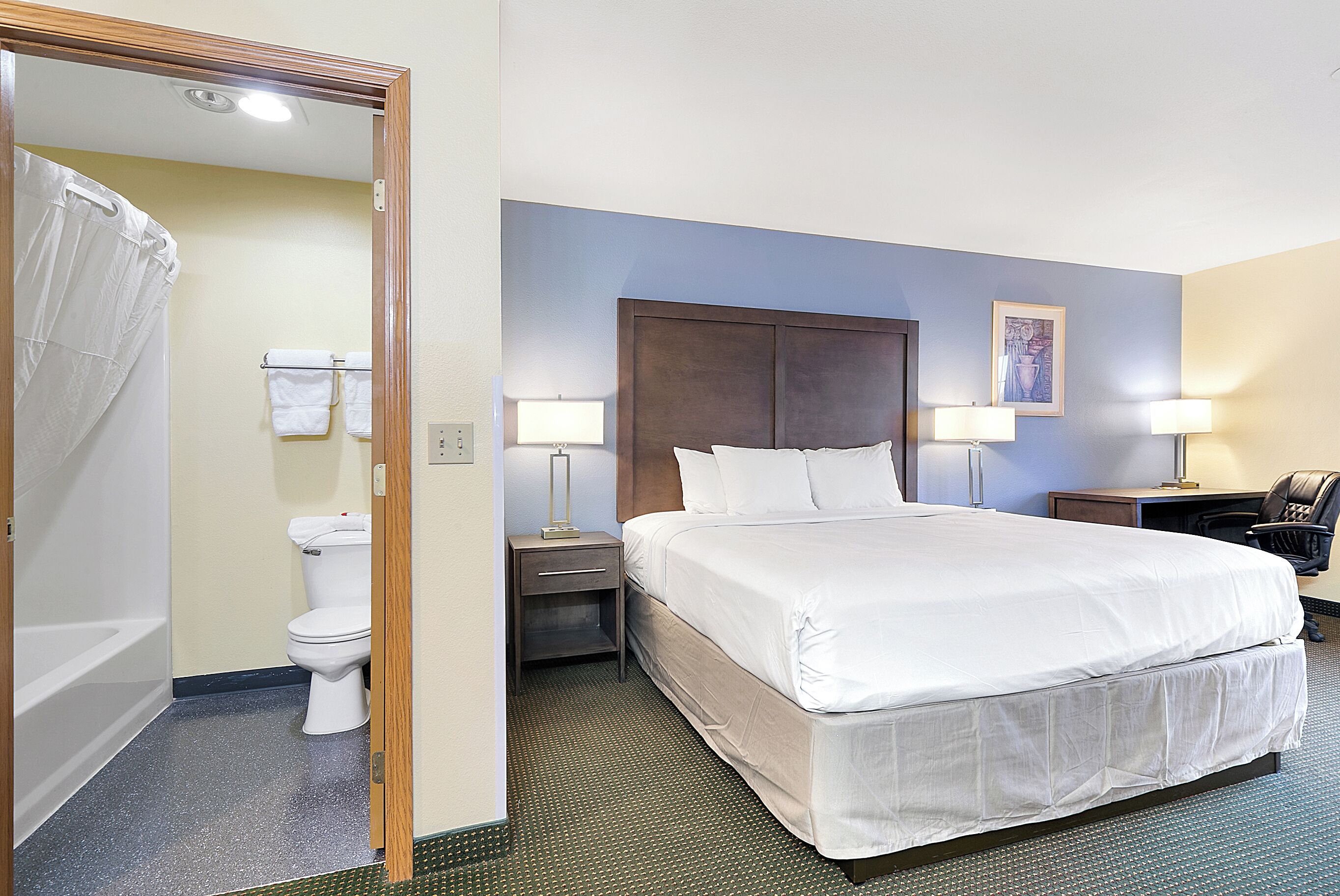 A hotel room with a large bed, a nightstand with a lamp, a bathroom with a toilet and shower curtain, and a painting on the wall.