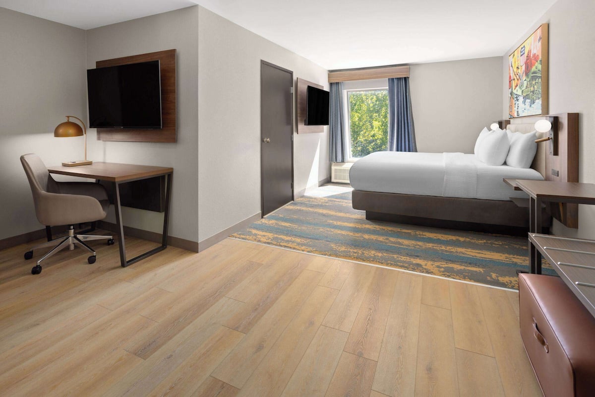 A hotel room with a bed, desk, chair, TV, and a window with curtains.