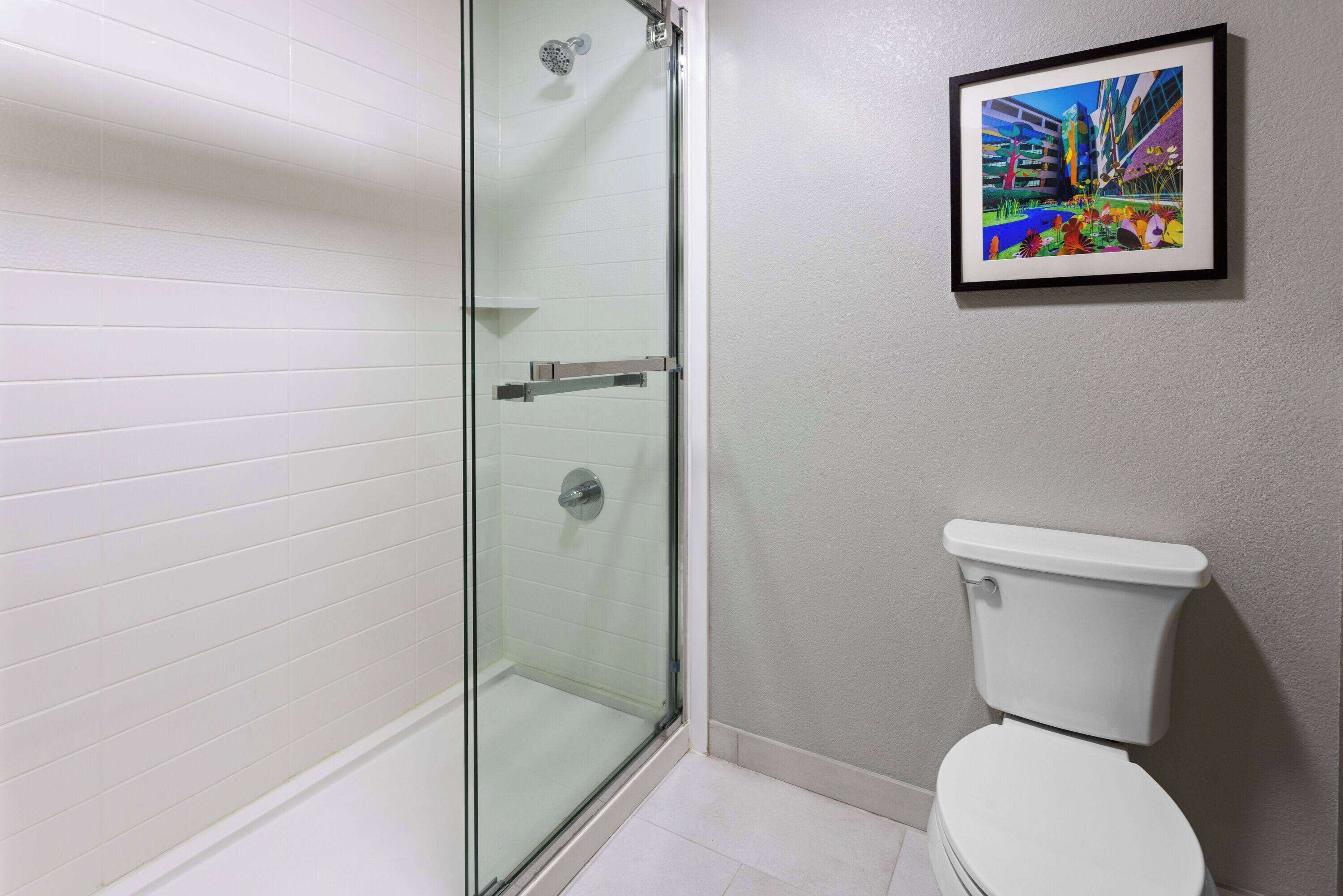 Een badkamer met een douchecabine van glas, een wit toilet en een ingelijste foto aan de muur.