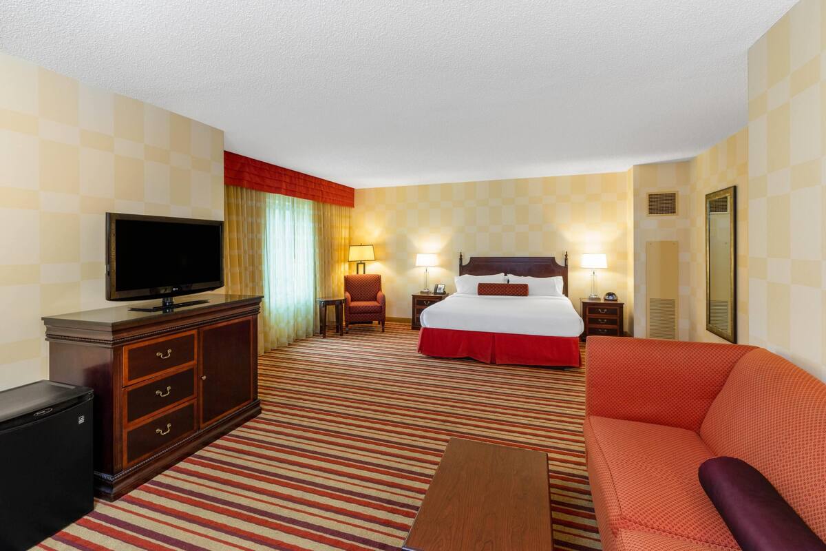 A hotel room with a bed, a TV, a desk, a chair, a sofa, and a mirror.
