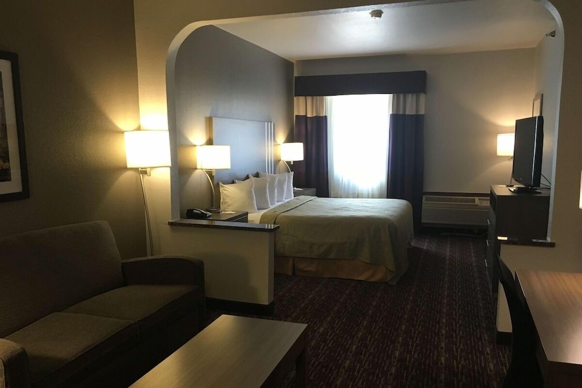 Une chambre d’hôtel équipée d’un lit, d’un bureau, d’une chaise, d’un canapé et d’une télévision.