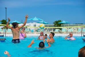 Seasonal outdoor pool, pool umbrellas, pool loungers