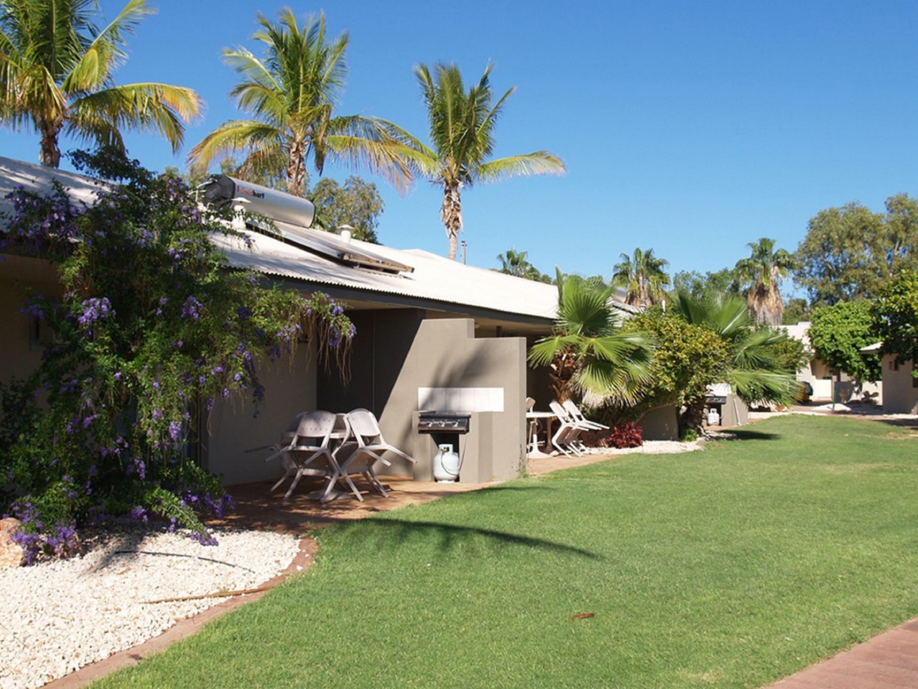 A modern outdoor area with a barbecue grill, lounge chairs, and palm trees.