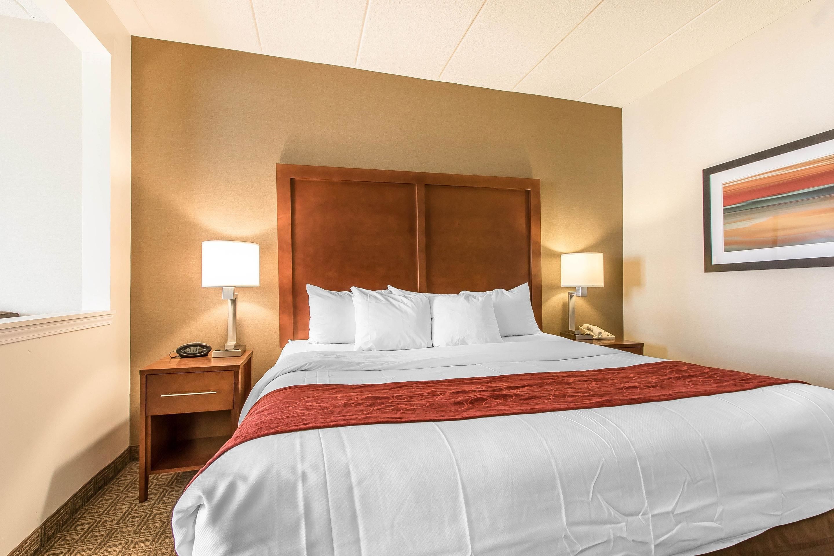 A hotel room with a large bed, two bedside tables with lamps, a wooden headboard, and a framed picture on the wall.