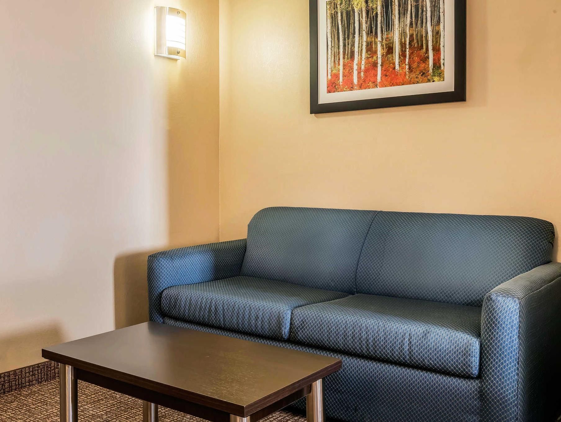 A room with a blue sofa, a small table, and a framed picture on the wall.
