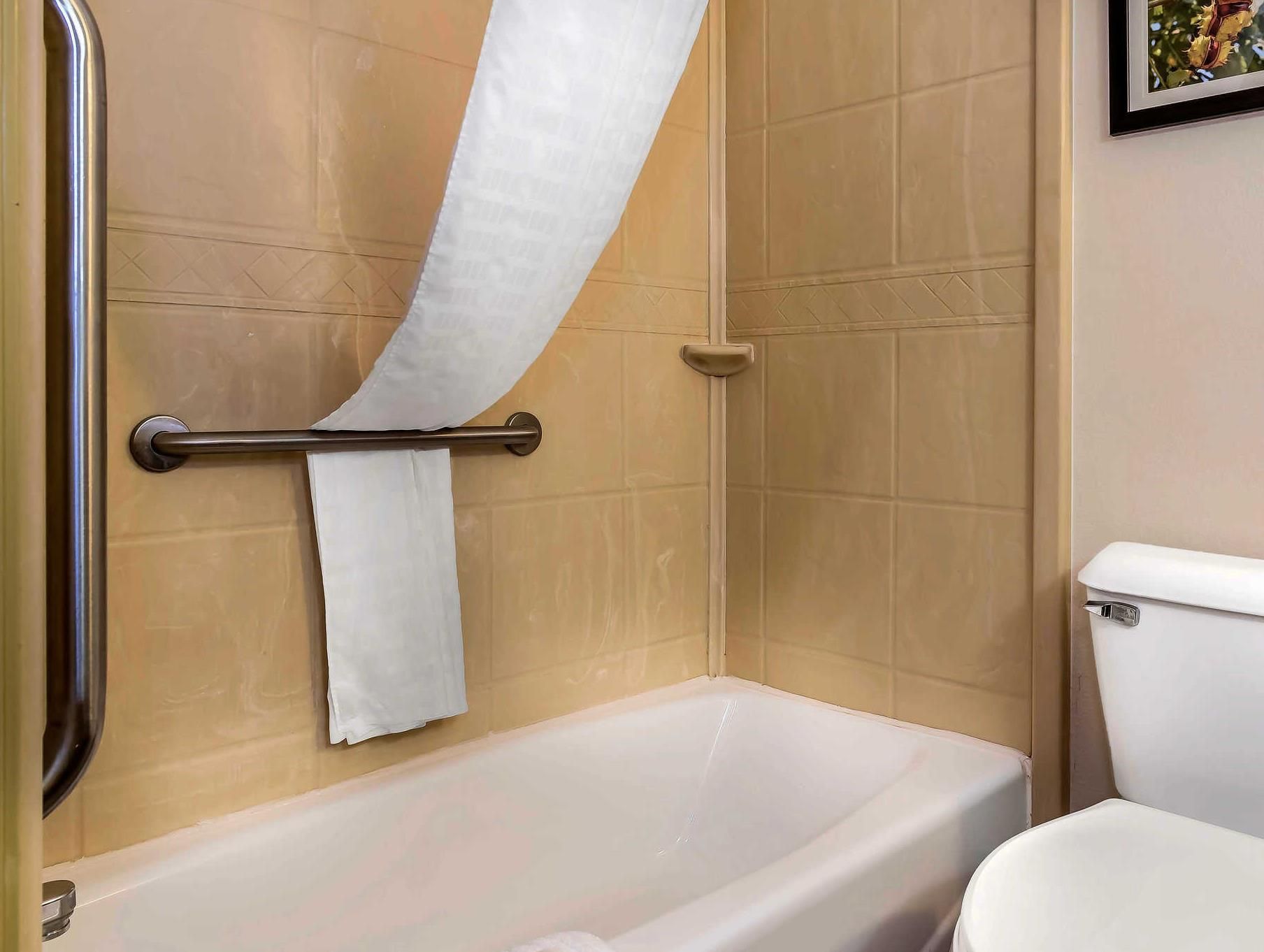 Une salle de bain avec une baignoire, des toilettes et un rideau de douche.