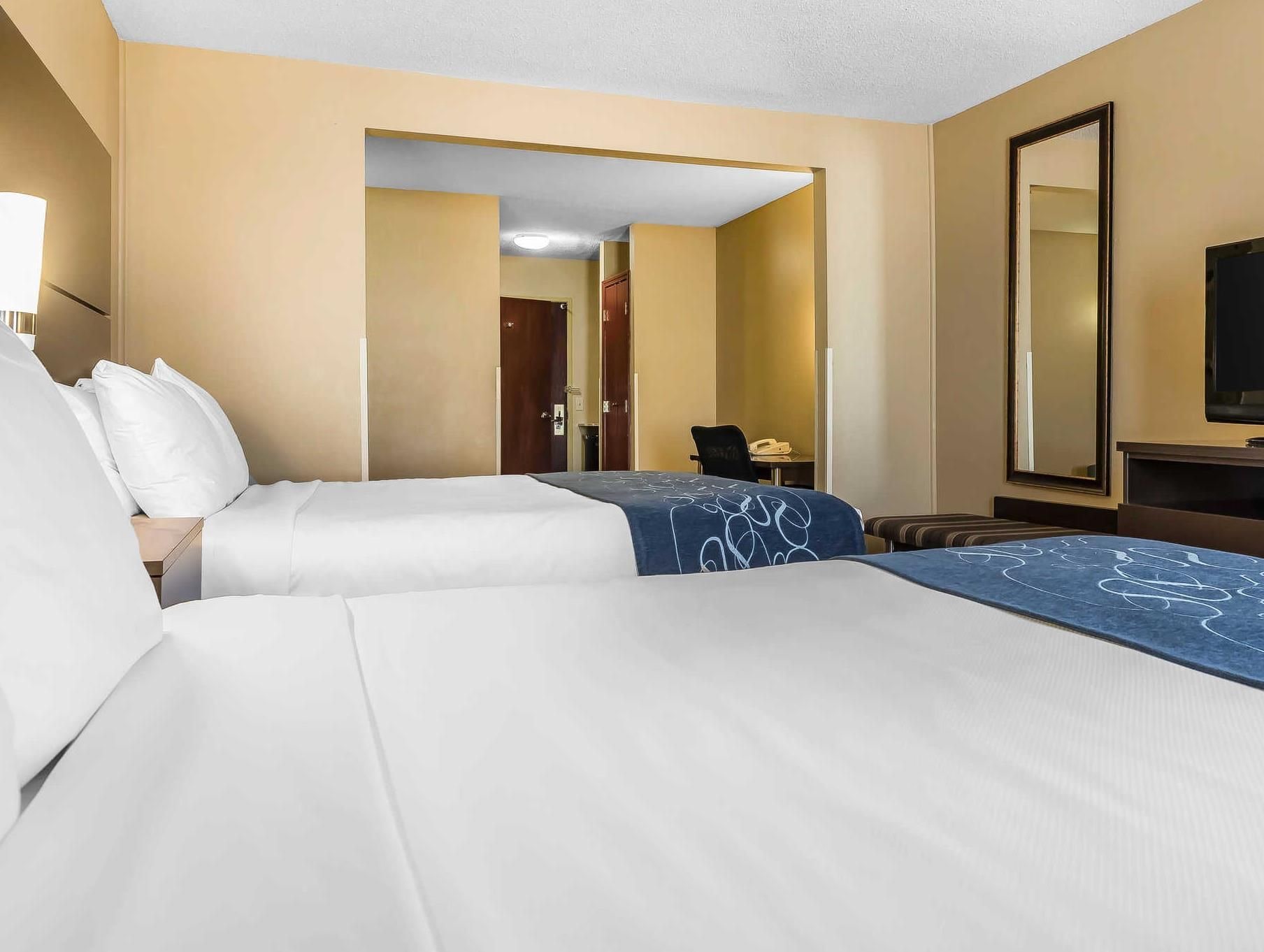 A hotel room with two beds, a desk, a chair, a television, and a mirror.