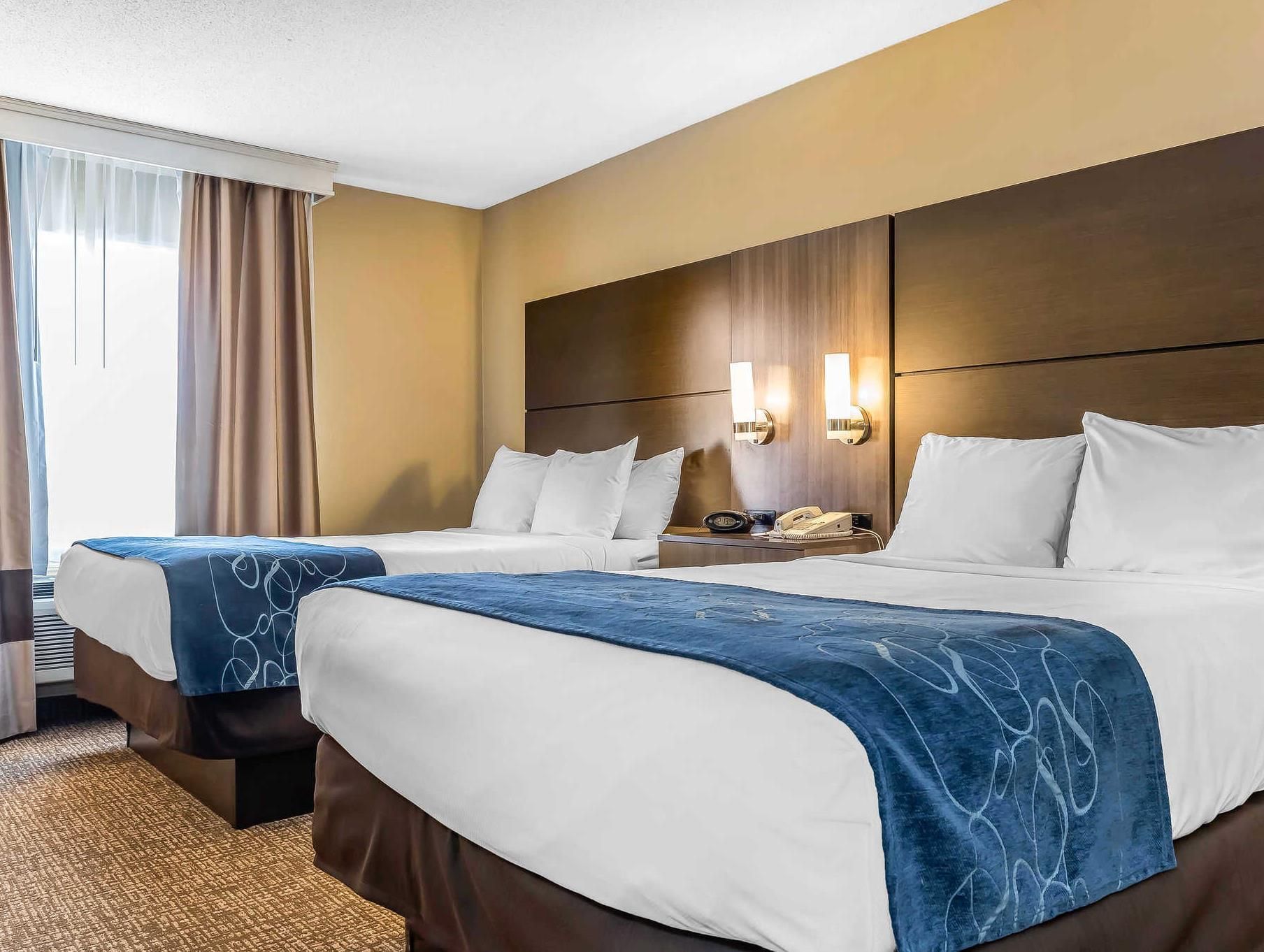 A hotel room with two beds, a large window with curtains, a wooden headboard, and a bedside table with a lamp and phone.
