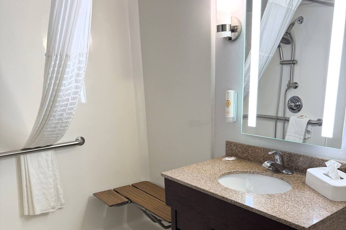 Suite, 1 King Bed with Sofa bed, Accessible, Non Smoking | Bathroom | Combined shower/bathtub, free toiletries, hair dryer, towels