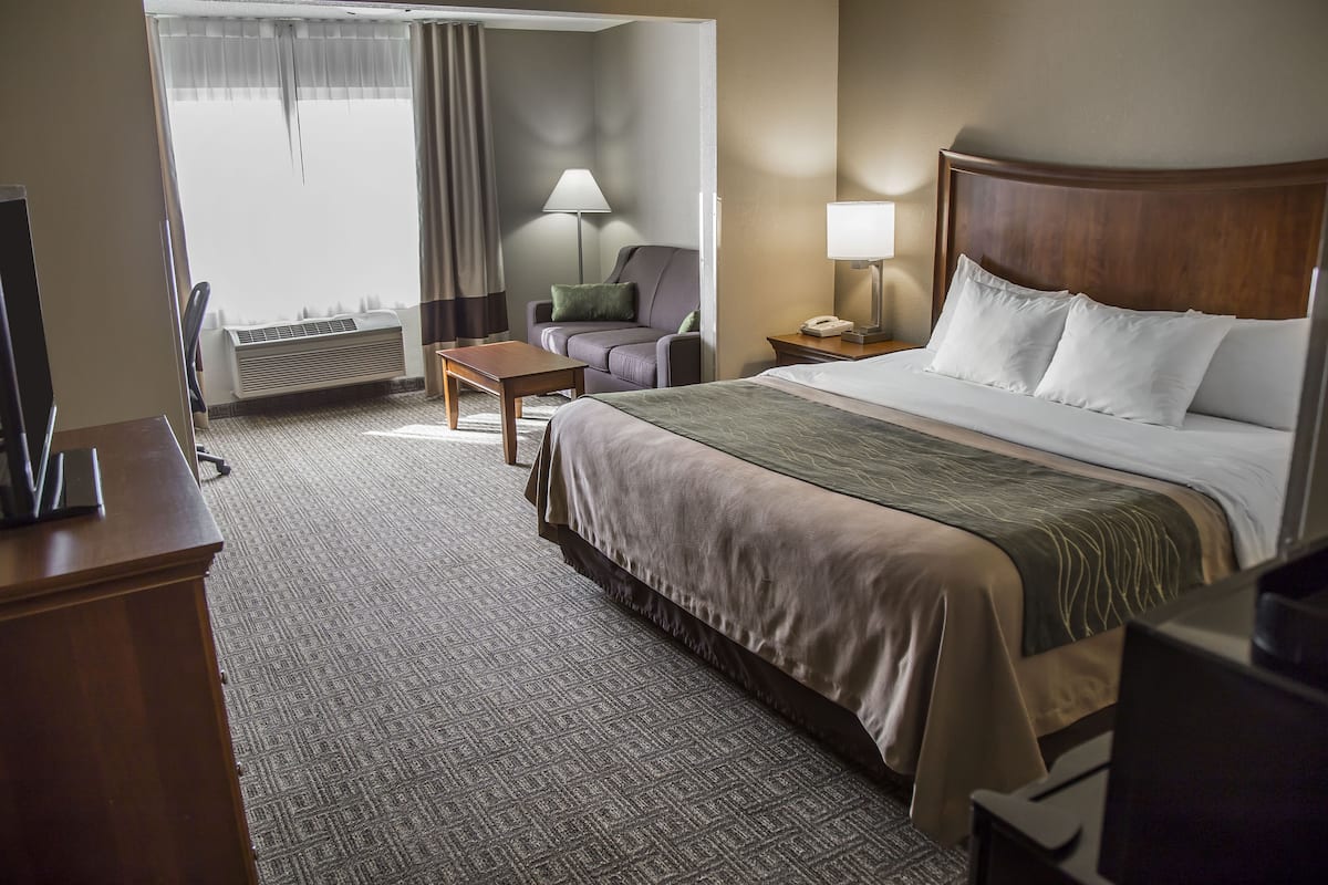 Una habitación de hotel con una cama grande, un escritorio, una silla, una lámpara y una ventana con cortinas.