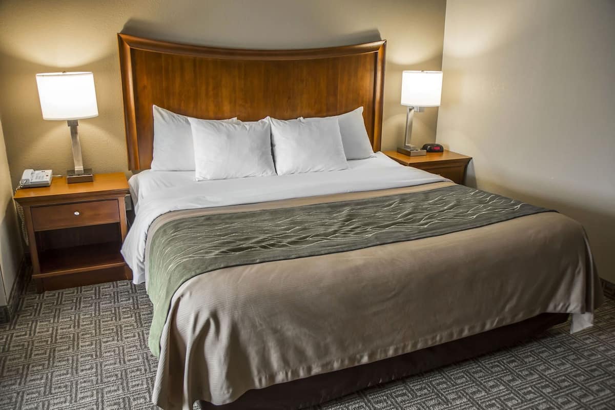 Una habitación de hotel con una cama, dos mesitas de noche, una lámpara y un reloj.