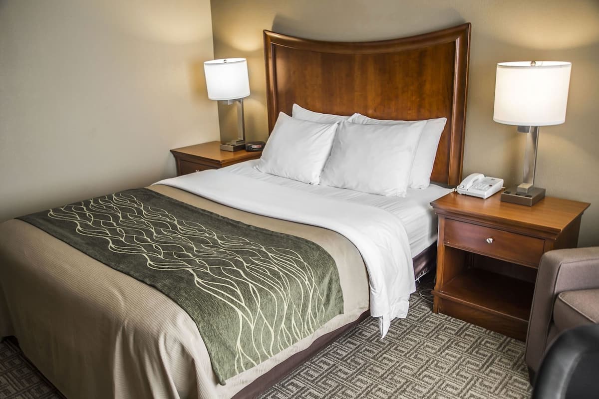 Habitación de hotel con cama, dos lámparas de noche, teléfono, mesita de noche y una silla.