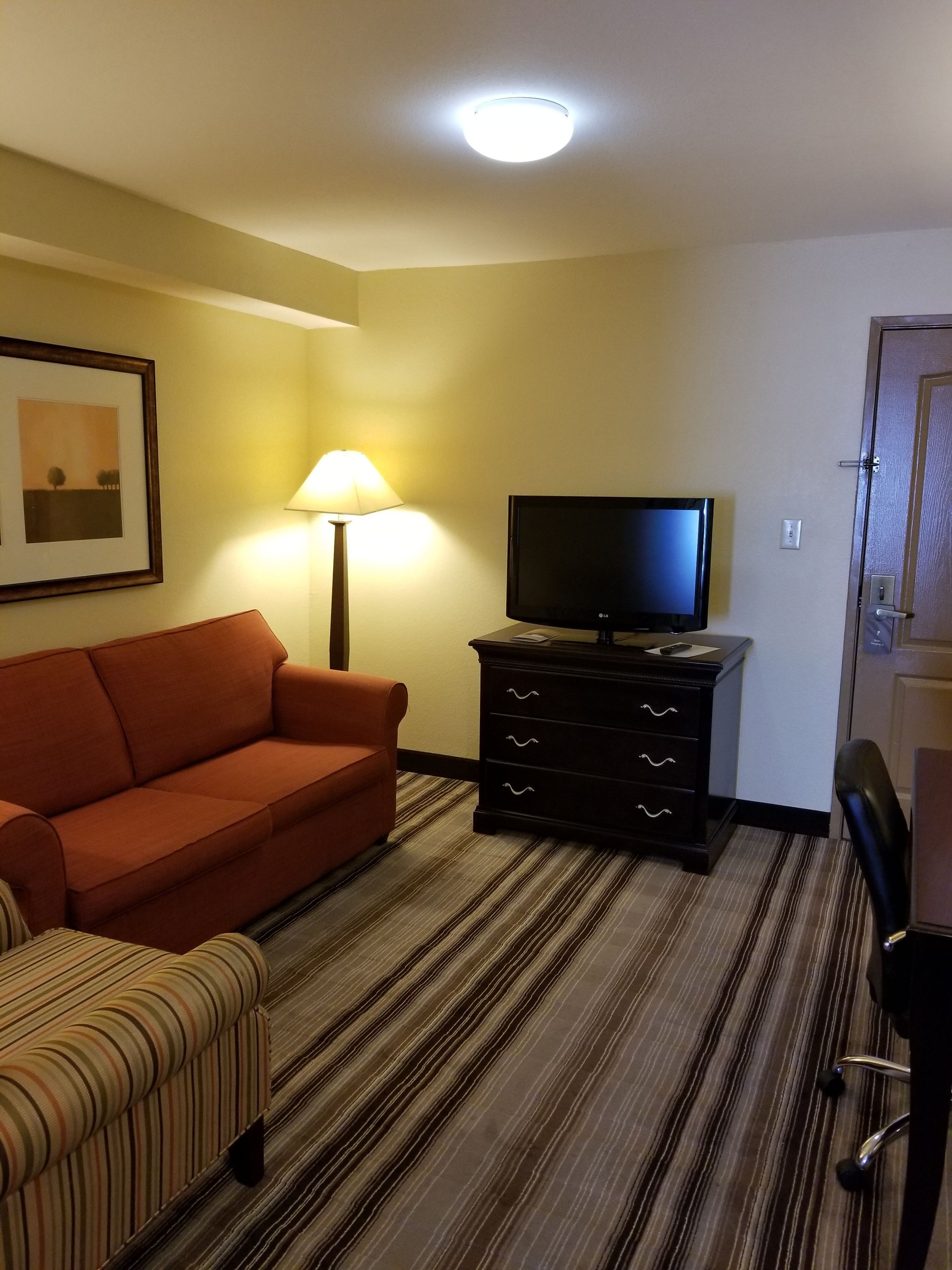 Une chambre d’hôtel avec un canapé, un téléviseur posé sur une commode, une lampe et une porte.