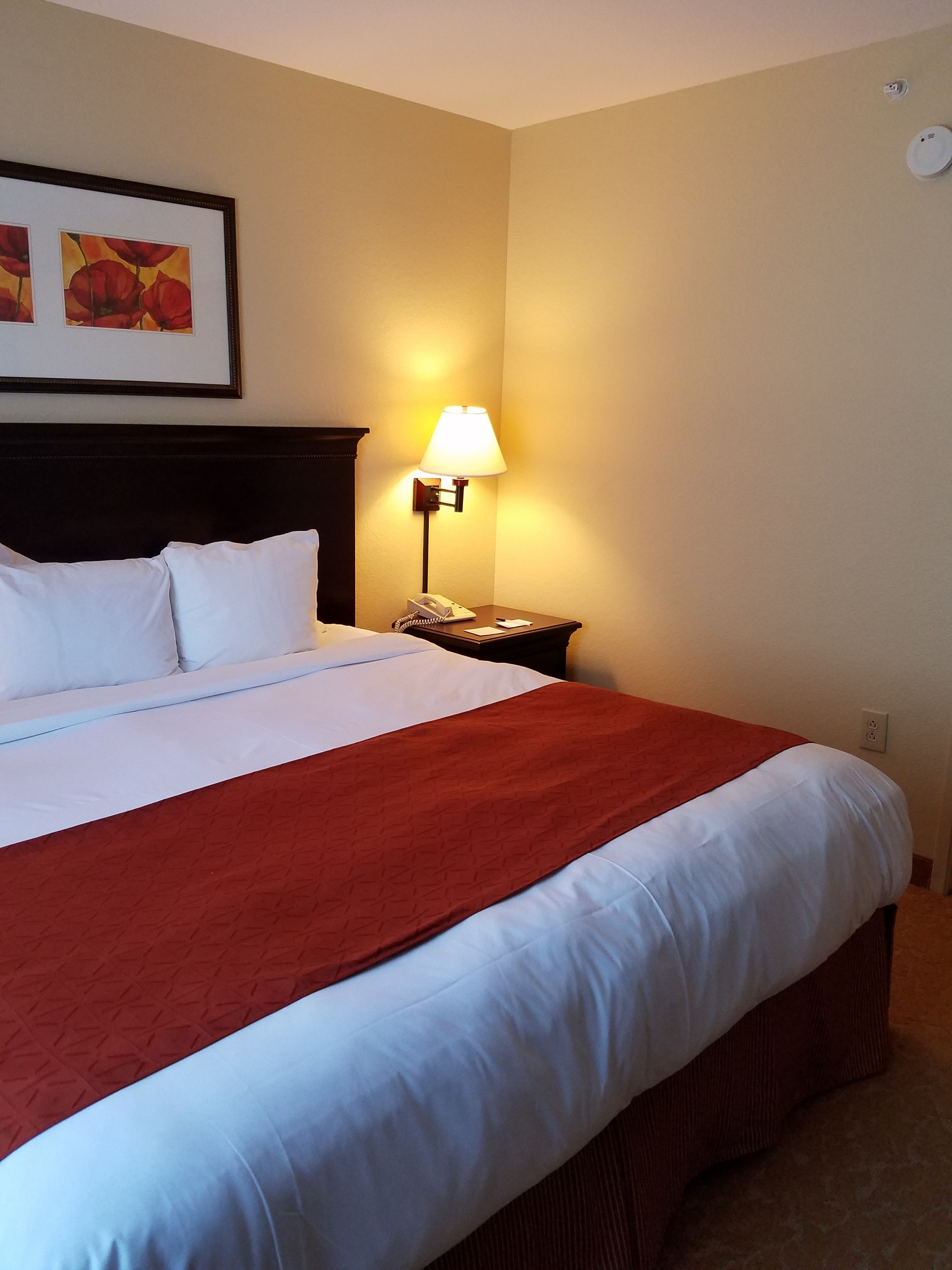 Una cama bien hecha con ropa de cama blanca y roja, una lámpara de noche y un cuadro en la pared.