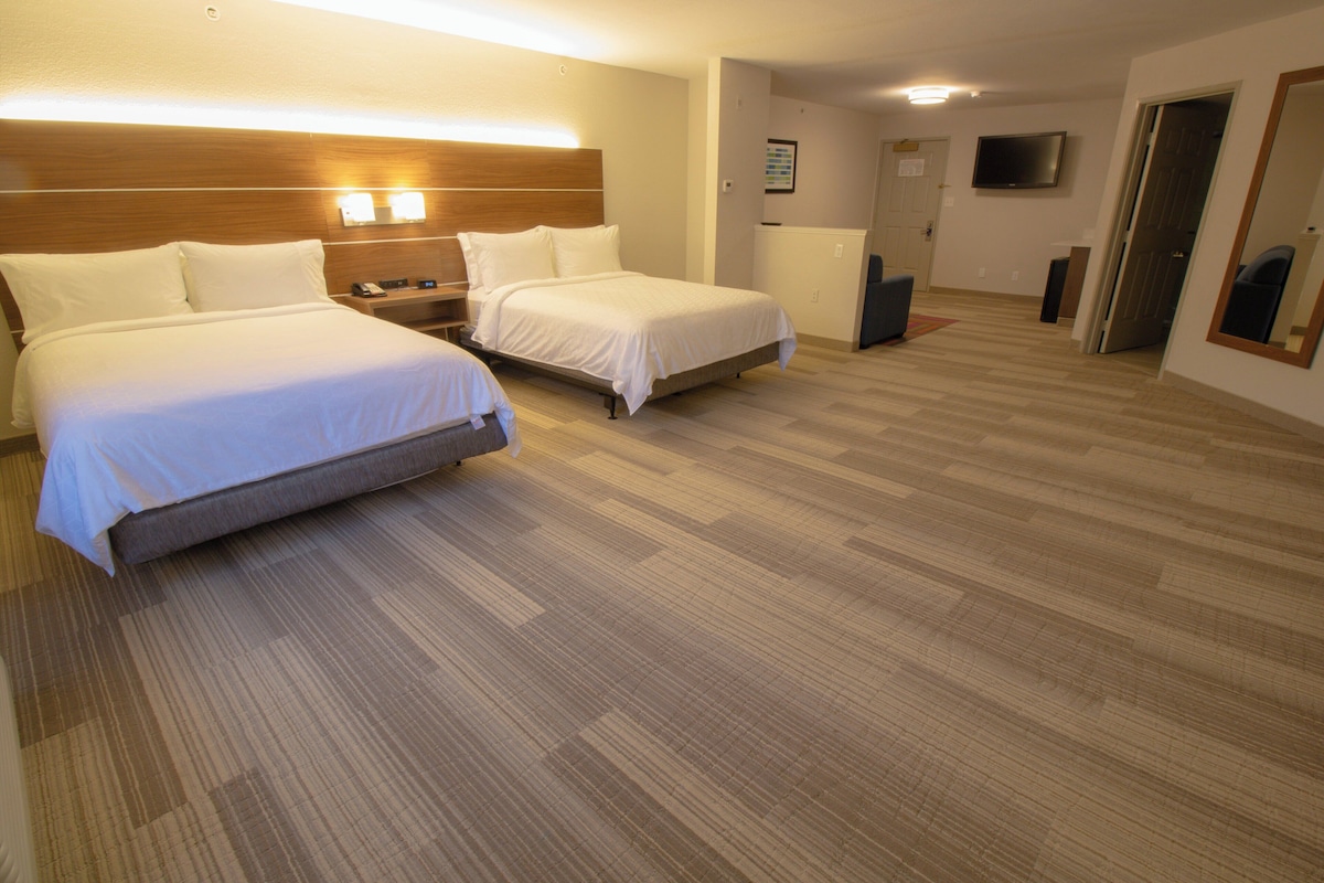 Habitación de hotel con dos camas, cabecero de madera, televisión de pantalla plana y un espejo.