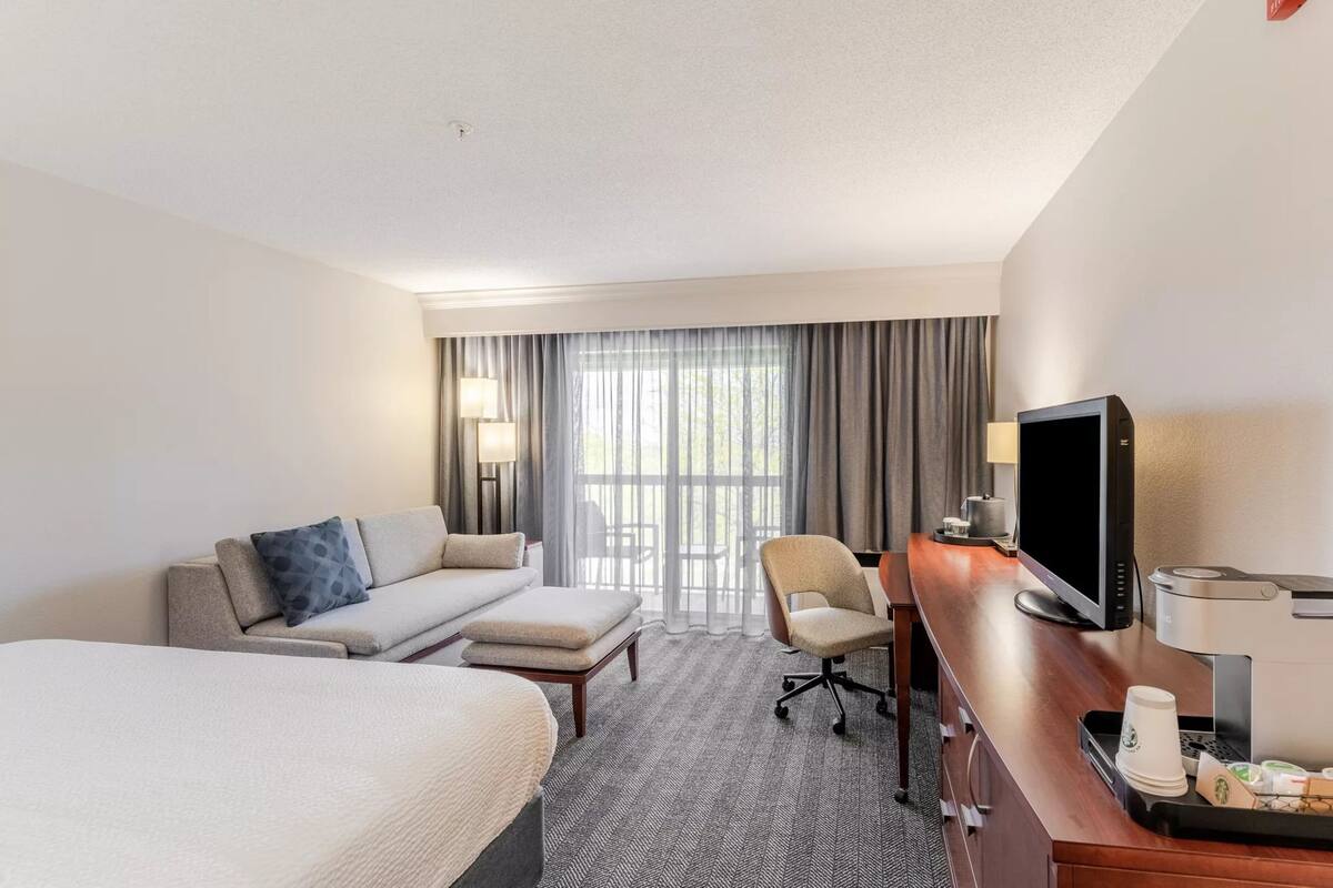 premium bedding, down duvets, desk, laptop workspace