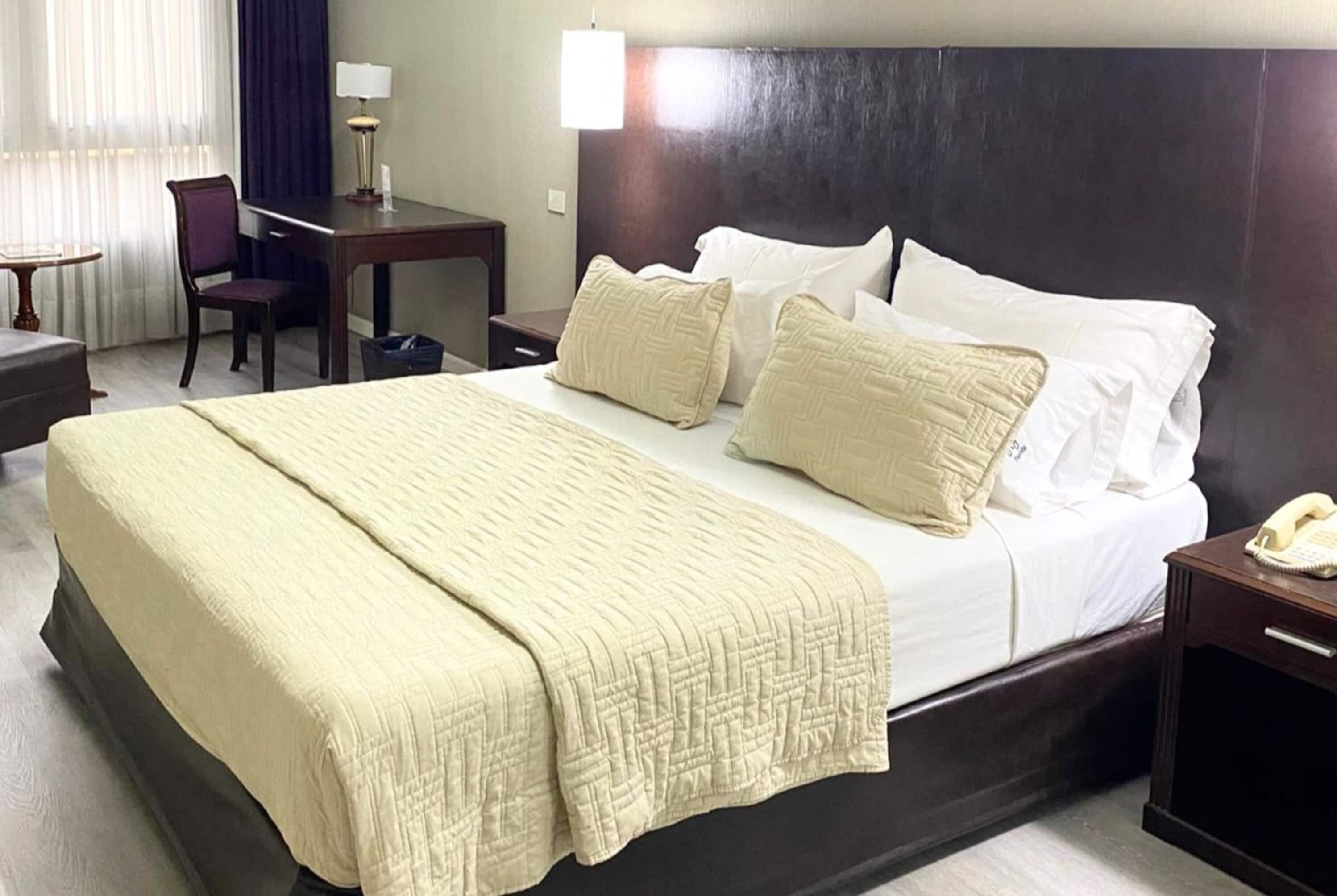 Ein Hotelzimmer mit Bett, Nachttisch, Lampe, Stuhl und Schreibtisch.