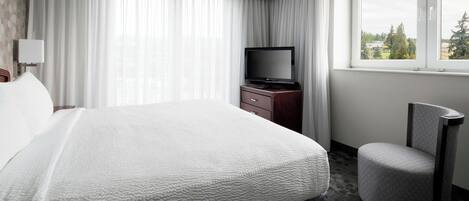 A hotel room with a large bed, a television on a wooden cabinet, a chair, and a window with a view of buildings and trees.