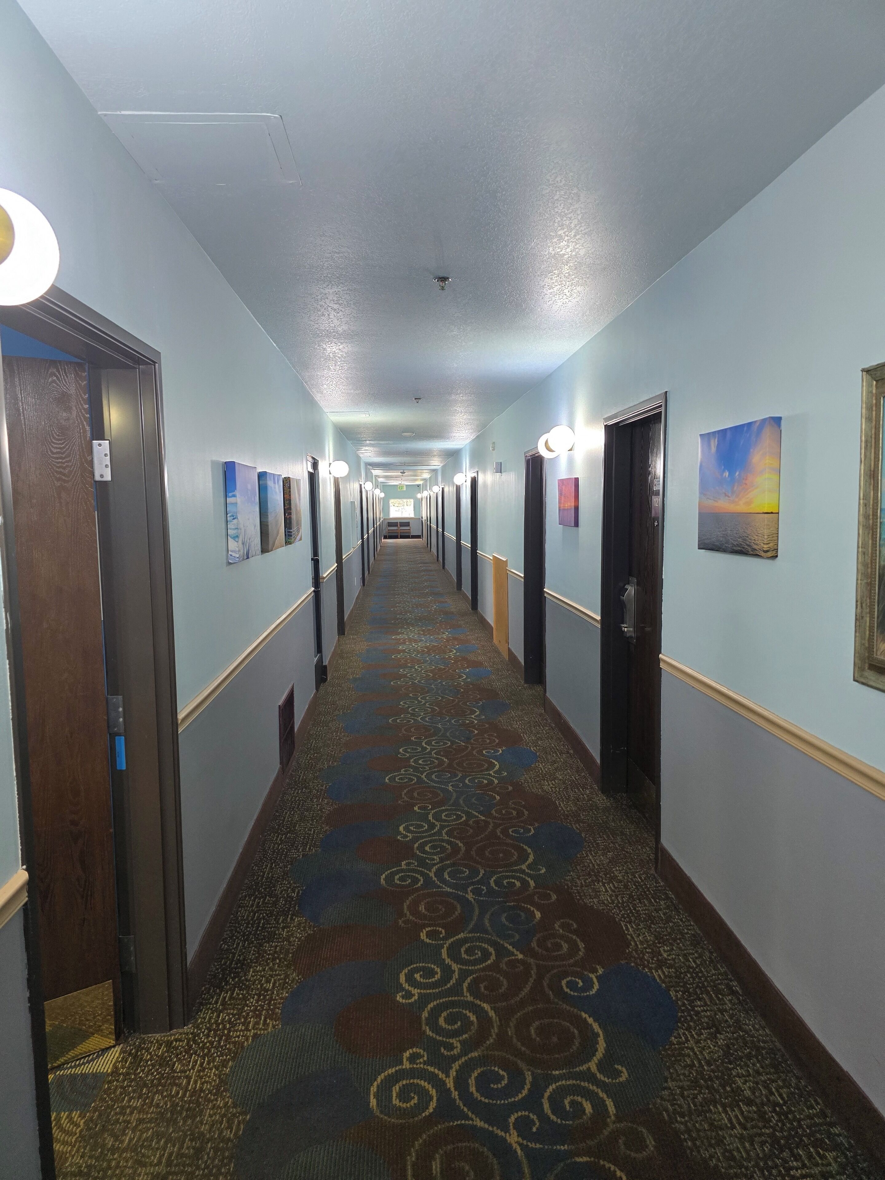 Un pasillo de hotel con alfombra estampada, puertas a ambos lados y un cuadro en la pared.