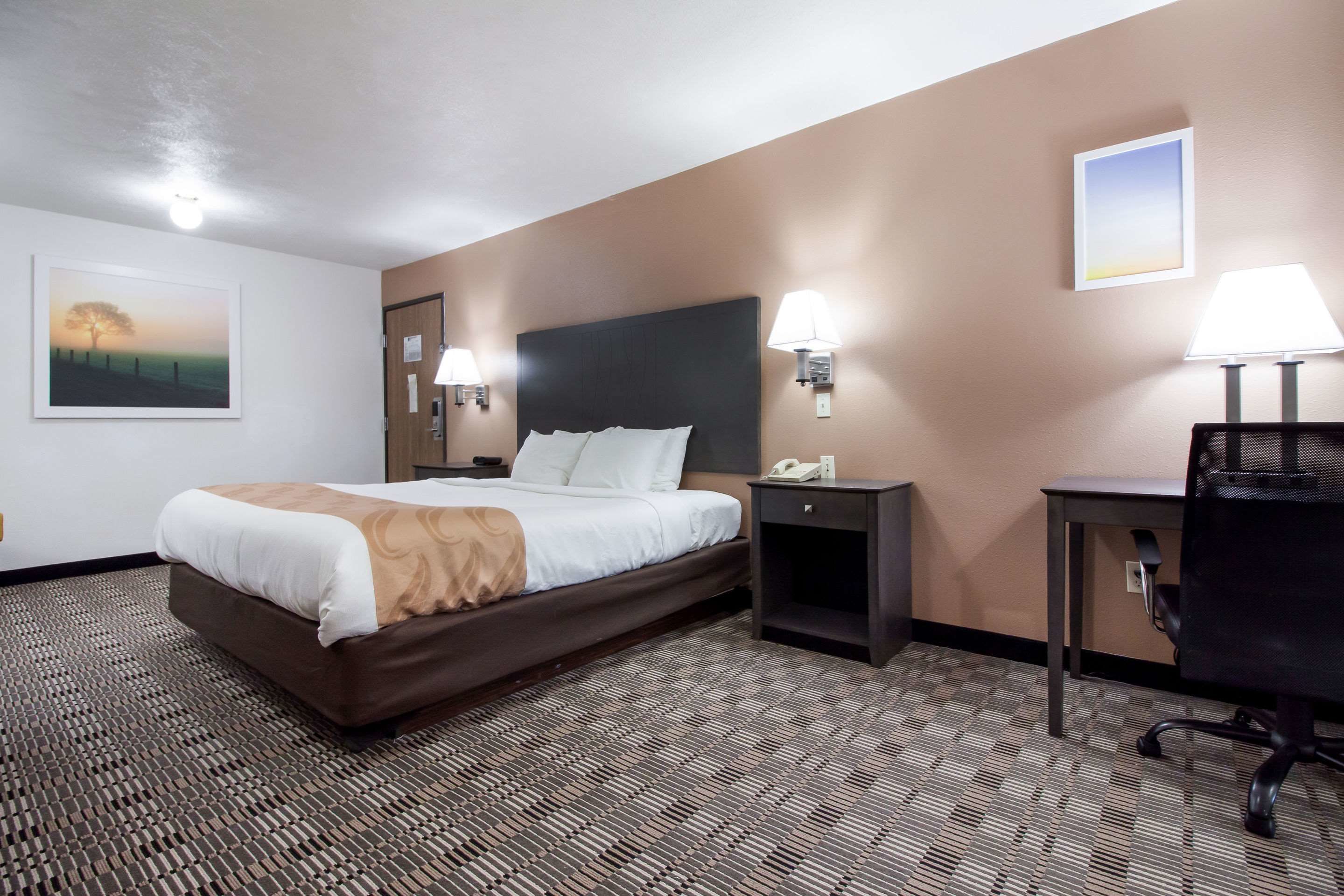 A hotel room with a large bed, a desk, a chair, a nightstand, and a wall-mounted lamp.