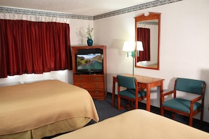 Room, 2 Queen Beds, Non Smoking | Desk, laptop workspace, blackout drapes, iron/ironing board