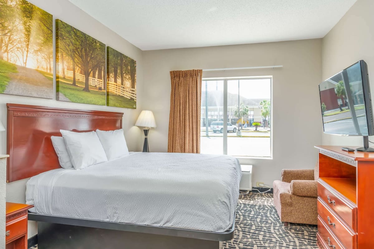 A hotel room with a large bed, a TV, a desk, and a window with a view of the outside.
