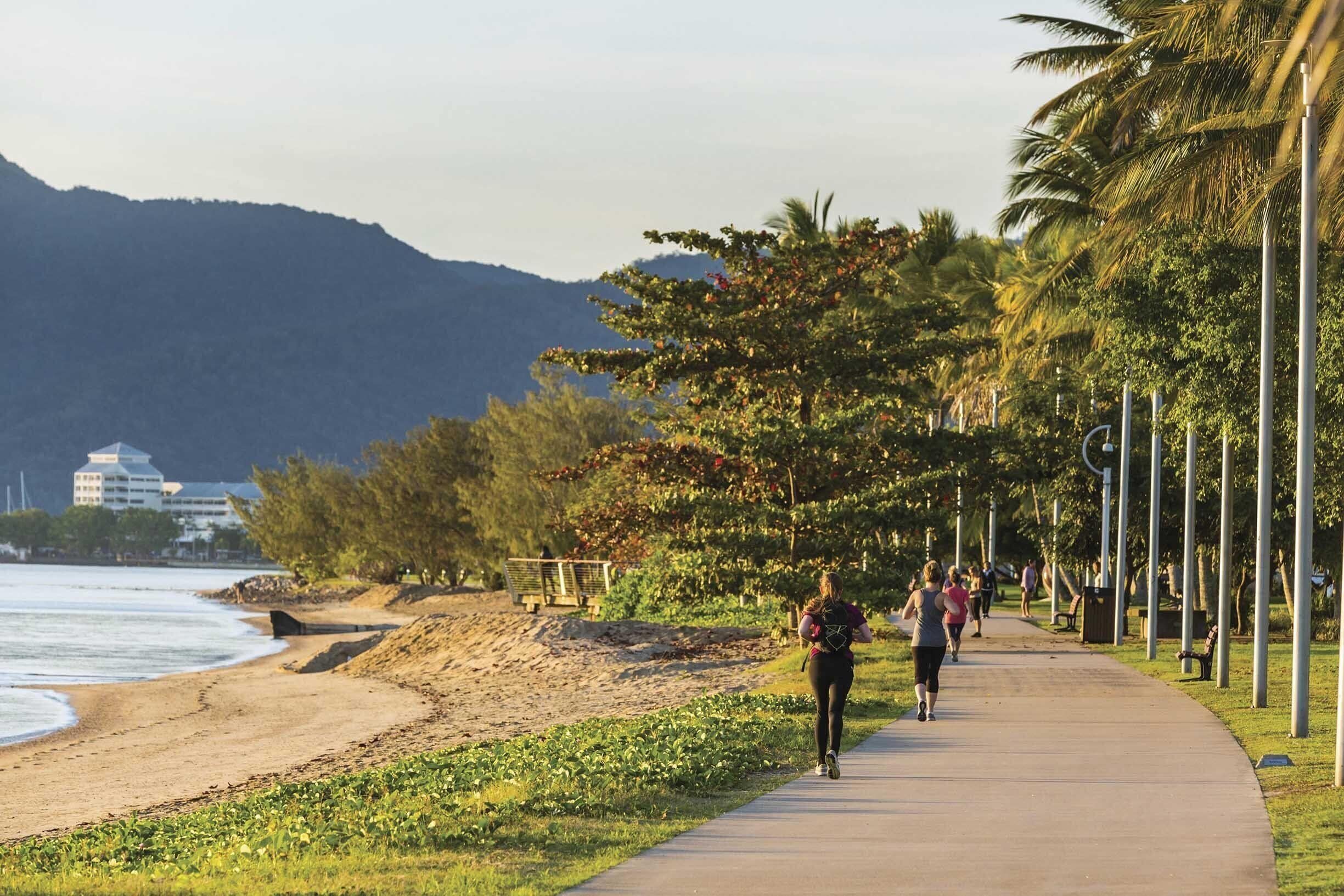 Une promenade en bord de mer, avec une plage, des palmiers et une montagne en arrière-plan.