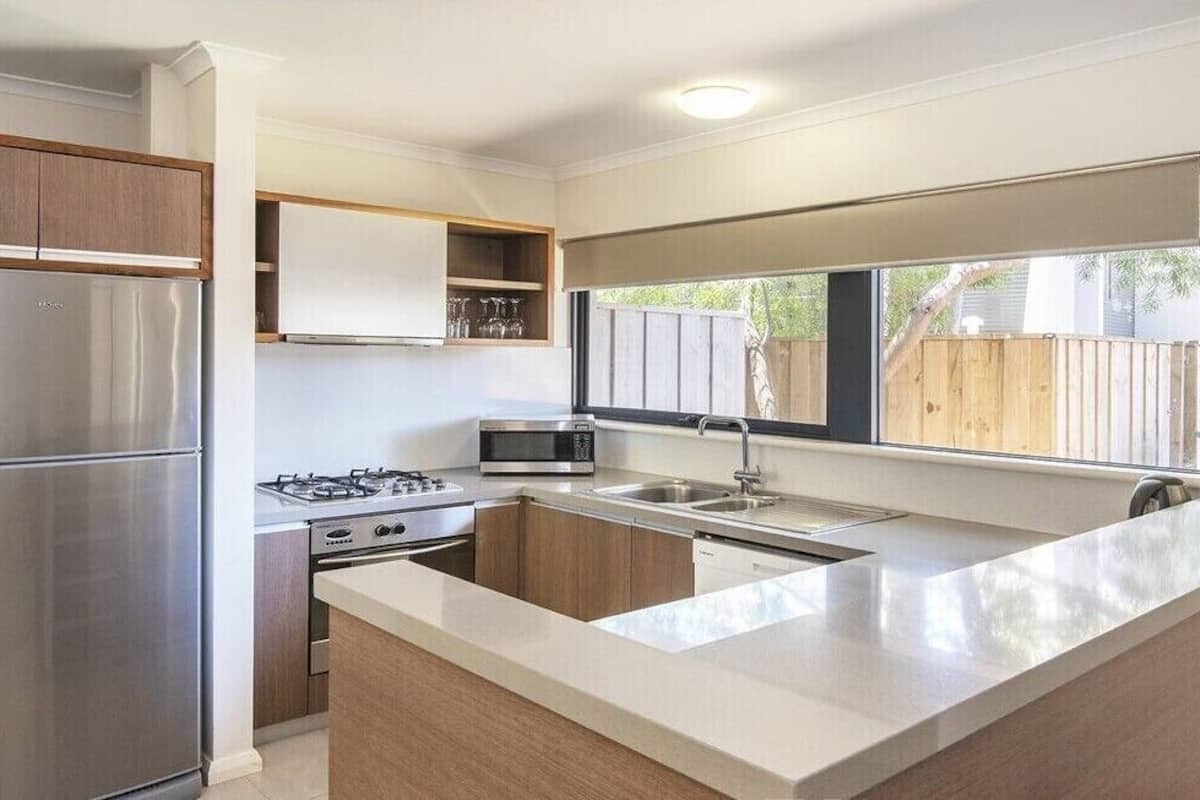 fridge, microwave, electric kettle, toaster