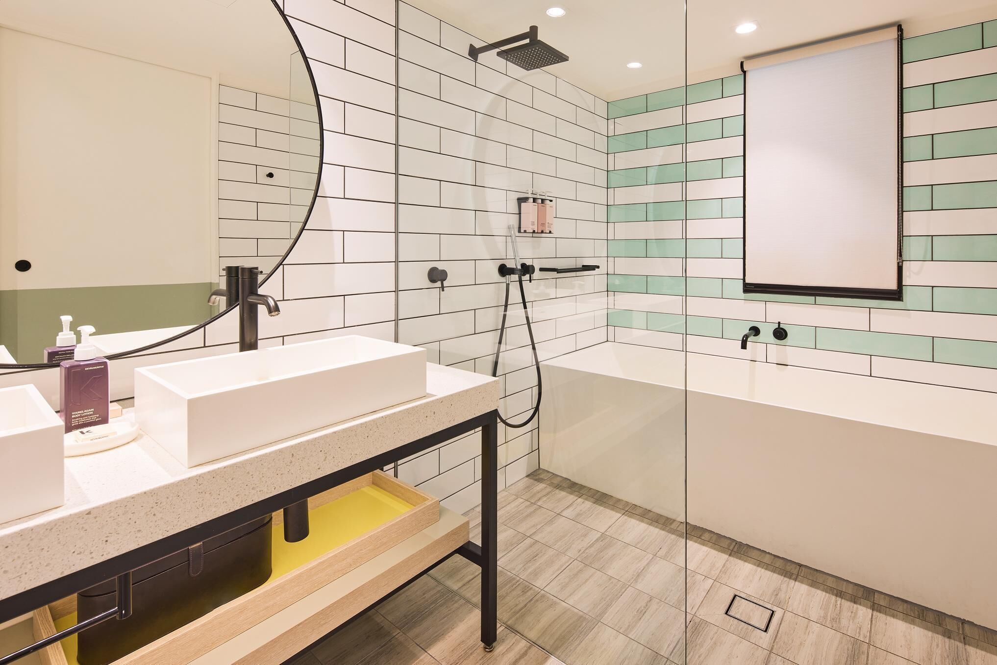 separate bathtub and shower, designer toiletries, hair dryer, bathrobes